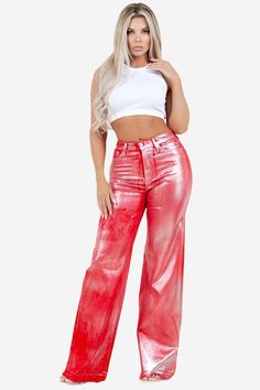 Add some sparkle to your wardrobe with our Metallic Wide Leg Jean in Red. Size up if in between. These jeans will have you shining like a diamond, with a playful and eye-catching sheen. Stand out from the crowd in these quirky and fun pants that add a unique twist to any outfit. Elevate your denim game with our Metallic Wide Leg Jean in Red! These glamorous jean features front and back pockets, button and zipper closure, and a soft stretch fabric for ultimate comfort. Garment Dyed and Hand-pressed with metallic foil in Los Angeles for a unique touch. Inseam 34.5"This garment is made to order and is Final Sale.Made in USA Silhouette: wide leg Fit: High Rise/Runs Small Embellishment: metallic foil Length: Full Length Closure: button, zipper Made In: USA Fabric Contents: 98% Cotton, 2% Spande Trendy Shiny Bottoms For Fall, Trendy Shimmer Bottoms For Spring, Trendy Metallic Summer Pants, Trendy Shiny Bottoms For Party, Glamorous Shiny Summer Bottoms, Trendy Shiny Party Bottoms, Chic Red High Waist Jeans, Chic Red High-waist Jeans, Chic High Waist Red Jeans