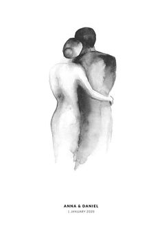 a black and white drawing of two people hugging