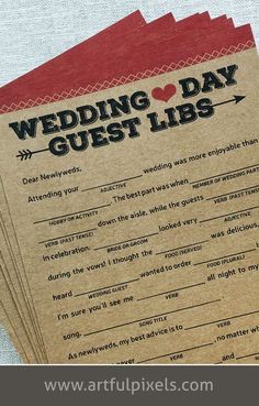 wedding guest lists are stacked on top of each other with the words'wedding day guests'printed on them