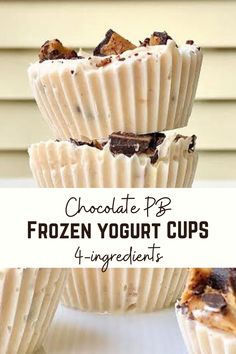 three frozen yogurt cups stacked on top of each other with chocolate chips in them