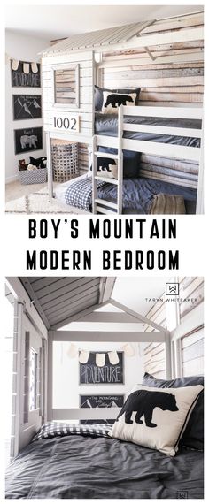 two pictures with the words boys'mountain modern bedroom in black and white on them