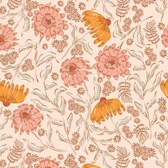 an orange and pink flower pattern on a beige background with green stems, leaves and flowers