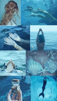 the collage shows different images of people swimming in the water and one woman holding a bottle