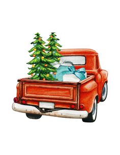 an old red truck with a christmas tree in it's bed and presents on the back