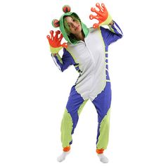 a person in a frog costume standing with their arms out and hands up to the side