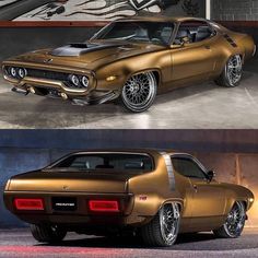 an old gold muscle car parked in a garage next to another one with chrome paint on it