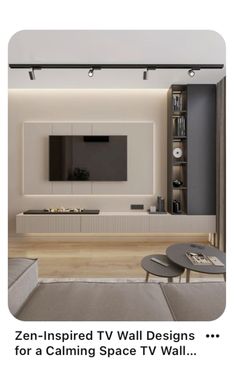 an image of a living room with the tv in it's center and built - in bookshelves