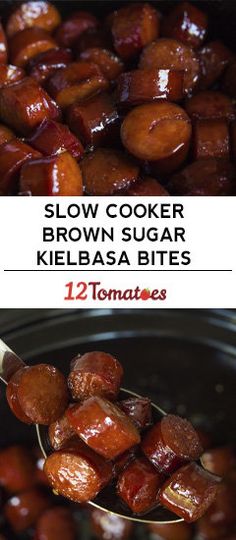 there are two pictures showing how to make slow cooker brown sugar kielbasa bites