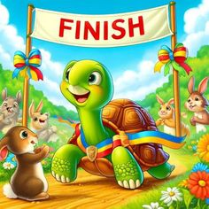 a cartoon turtle with rabbits and other animals in the background holding up a sign that says finish