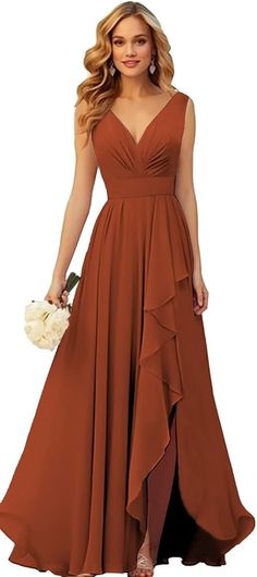 Amazon.com: PINMJEE Chiffon Bridesmaid Dresses Burnt Orange Formal Dress with Slit V-Neck Ruffle Long Evening Gown for Women Size 16 : Clothing, Shoes & Jewelry Burnt Orange Formal Dress, Bridesmaid Dresses Burnt Orange, Orange Formal Dress, Bold Fashion Outfits, Orange Long Dresses, Orange Formal Dresses, Orange Dress Wedding, Burnt Orange Bridesmaid Dresses, Orange Bridesmaid Dresses