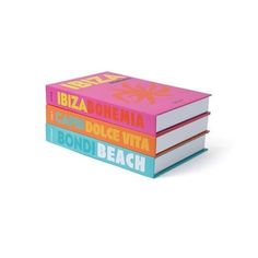 three books stacked on top of each other in front of a white background with the words ibiza romana and dolce vita