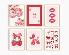 four framed pictures with different types of art on them, one is pink and the other is red