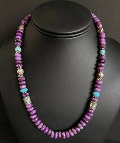 Sterling Silver Dyed Sugilite Turquoise Wild Horse Bead Necklace. 18 inch Best Offers Accepted! Artisan Purple Beaded Necklace, Artisan Purple Beaded Necklace With Round Beads, Coral Beads Necklace, Beaded Necklace Designs, Bracelet Craft Diy, Turquoise Bead Necklaces, Bracelet Crafts, Turquoise Beads, Jewelry Patterns