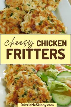 chicken fritters on a plate with salad and cucumbers