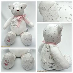 four pictures of a white teddy bear with pink ribbon