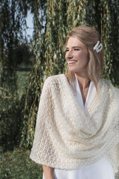 "The ivory bridal shawl with gold yarn knit for the bride as a wedding warmer lace stole. Ivory mohair scarf excellent cooler day wedding cover up, evening shawl can be a gift for the bridesmaid, or gift for the bride, girlfriend, mom, grandma. This scarf is knit from mohair with gold thick yarns and can be like a sweater or jacket. *Scarf size about - 28.3\"x78.7\" / 72x200cm *Mohair, merino wool, gold lurex *Color - ivory *Care - recommendable hand wash *Please write to me if you are intereste Elegant Lace Shawl Scarf, Lace Shawl Scarf For Weddings, Lace Shawl Scarves For Wedding, Lace Wedding Scarf Shawl, Lace Shawl For Weddings, Lace Wedding Shawl Scarf, Elegant Lace Shawl Dupatta, Cream Lace Wedding Shawl, Elegant Cream Lace Shawl