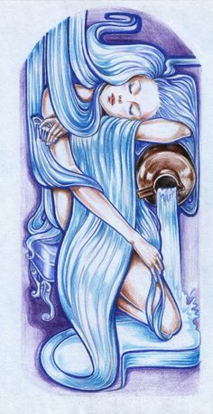 a drawing of a woman with long blue hair holding a water faucet in her hand