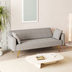 a living room with a couch, coffee table and potted plant in the corner