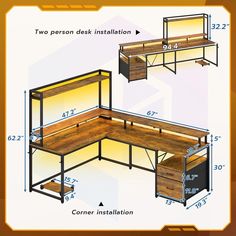 an image of a desk with two drawers and one shelf on the bottom, shown in three different sizes