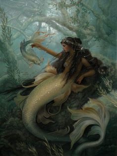 a painting of a mermaid sitting on top of a fish