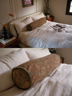 two pictures of a bed with white linens and an old fashioned rolled up pillow