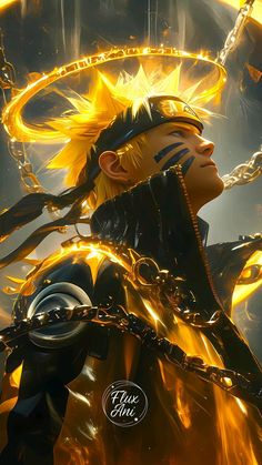 an anime character with yellow hair and chains around his neck, in front of a black background