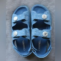 Chanel Beach Dad Sandals Light Blue Denim With Cc Logos Rare Find Sz 38.5 Nwb 100% Authentic Trendy Denim Blue Round Toe Sandals, Trendy Denim Blue Sandals With Round Toe, Blue Denim Sandals For Vacation, Casual Denim Sandals With Removable Insole, Blue Denim Sandals For The Beach, Blue Denim Sandals With Removable Insole, Blue Denim Summer Sandals, Luxury Blue Sandals For Summer, Denim Blue Flat Sandals For Beach