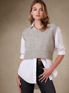 Luxury comes in all shapes and sizes.  Take this cropped bouclé sweater vest, cut above the waist in an unexpected proportion and made from a lavish blend of silky soft alpaca.  SEMI-FITTED: Cut for a not-too-tight, not-too-loose fit.  SUSTAINABILIT Gray Vest Outfit, Sweater Vest Outfit Women, Romantic Clothing Style, Satin Outfit, Cropped Wool Sweater, Sweater Vest Outfit, Florida Outfits, Open Coat, Cold Fashion