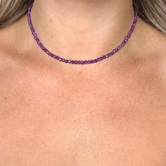 Amethyst choker necklace made with 2-3mm faceted beads which gives off a sparkle when catches the light.  38-40cm adjustable  Can be a gift for loved ones, friends or a treat to yourself.   Comes in a gift bag. PER ORDER you will receive a complimentary crystal that will be chosen intuitively and an oracle card.  Instructions for how to cleanse and charge will also be included. Please note that due to the fact these are natural stones, the colours may vary but will be equally as beautiful. Feel Delicate Crystal Choker Necklace For Gift, Minimalist Gemstone Beads Choker Gift, Delicate Adjustable Crystal Choker, Amethyst Choker Necklace, Adjustable Amethyst Choker Necklace, Amethyst Choker, Lavender Roses, Gold Choker Necklace, Necklace Minimalist