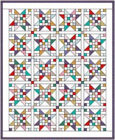 a quilt with many different colors and shapes on the front, along with an intricate border