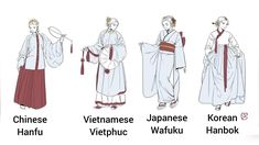 four different types of people in traditional chinese dress, with the names of their respective countries