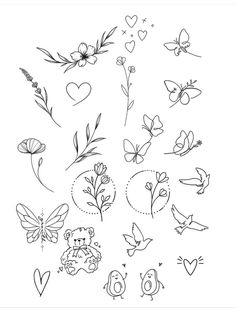 the flowers and butterflies are drawn in black ink on a white paper, with hearts