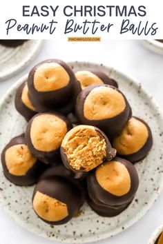 chocolate covered peanut butter balls on a plate with text overlay that reads easy christmas peanut butter balls