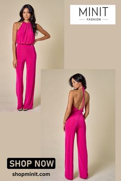 Beautiful hot pink open back valentines day jumpsuit. Consisting of a comfortable stretch fabrication and an open back halter top design. High Neck Jumpsuits And Rompers For Summer, Chic Fitted Halter Neck Jumpsuits And Rompers, Elegant Fitted Halter Neck Strapless Jumpsuit, Solid Halter Neck Jumpsuit For Date Night, Fitted Strapless Jumpsuit For Party, Fitted Jumpsuits With Back Opening, Glamorous Halter Neck Jumpsuits And Rompers, Fitted Jumpsuits And Rompers With Back Opening, Glamorous Halter Neck Jumpsuit