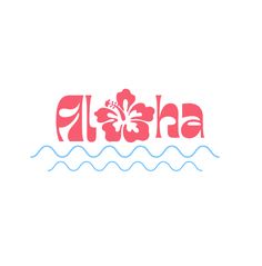 the word aloha written in pink and blue on a white background with waves