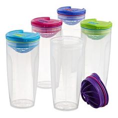 six different colored plastic cups with lids