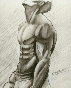 a drawing of a man with his back turned to the side, wearing shorts and looking up