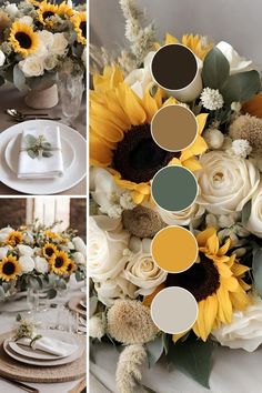 the table is set with sunflowers and white flowers