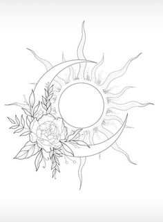 a drawing of the sun and moon with flowers on it's side, in black and white