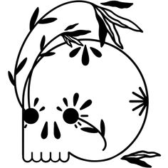 a black and white drawing of a skull with leaves on it's head, in the shape of a circle