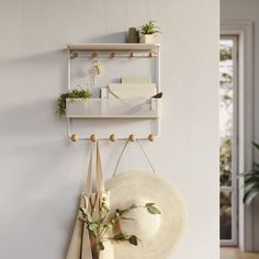 a white hat hanging on a wall next to a shelf with plants and utensils