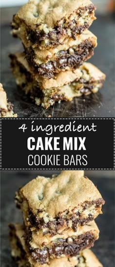 four ingredient cake mix cookie bars stacked on top of each other with text overlay