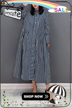 Plus Size Navy Stand Collar Striped Cotton Shirt Dress Fall Striped Long Sleeve Shirt Dress For Daywear, Striped Button-up Dress With Relaxed Fit, Striped Button-up Relaxed Fit Dress, Striped Relaxed Fit Button-up Dress, Striped Long Sleeve Relaxed Fit Dress, Striped Long Sleeve Dress With Relaxed Fit, Casual Striped Long Sleeve Shirt Dress, Casual Striped Long Sleeve Midi Dress, Casual Long Sleeve Striped Midi Dress