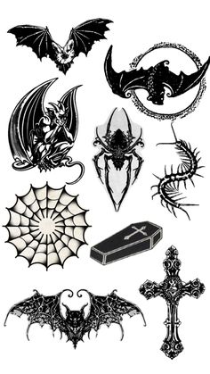 various tattoo designs including bats, spider webs and other things on the back of a white background