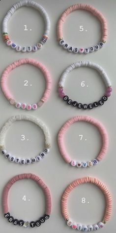 six different bracelets with numbers on them