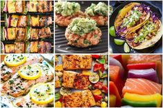 different pictures of food including fish, vegetables and fruit