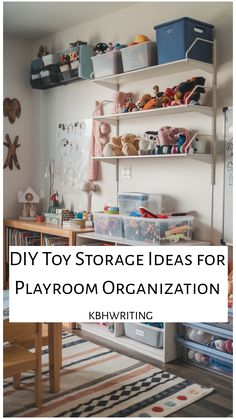 Organized playroom with shelves, bins, and toys for storage ideas.