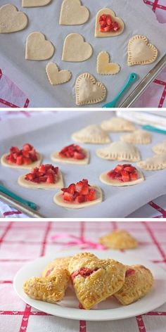 some heart shaped pastries are on a plate and in the process of being made