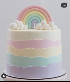 there is a rainbow cake with marshmallows on the top and bottom layer