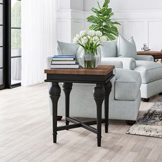 a living room filled with furniture and a plant on top of a wooden coffee table